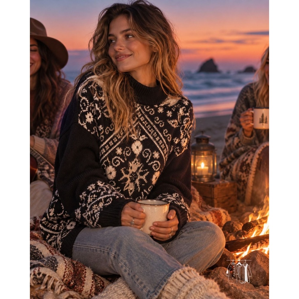 Dana Scott Tunic Sweater Womens M Black Fair Isle Bandana Floral Knit Mock Neck